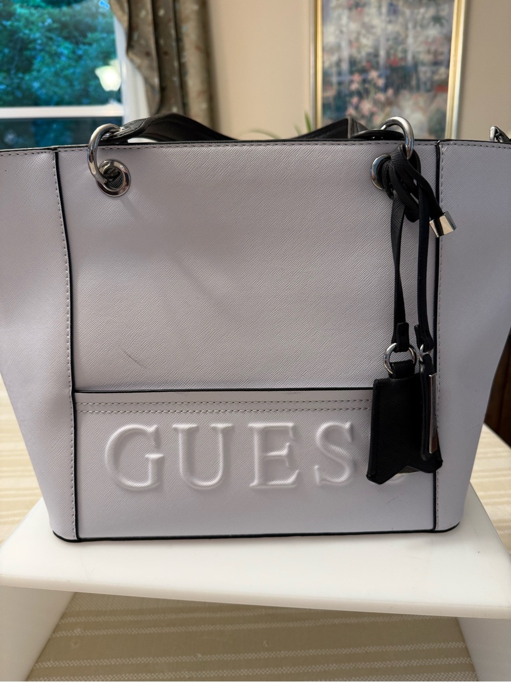 GUESS White Tote with Black Trim and Silver Hardware